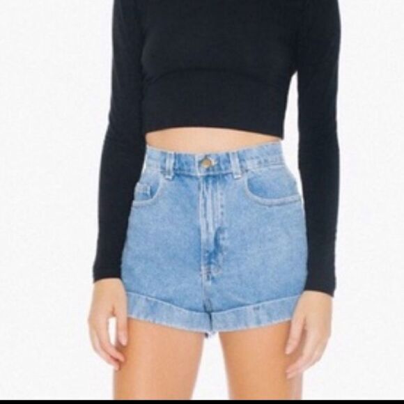 AMERICAN APPAREL High Waisted Denim Jean Shorts Cuff Blue 24 - Picture 3 of 8